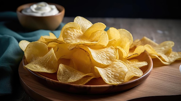 A plate of potato chips with a bowl of sour cream on the side