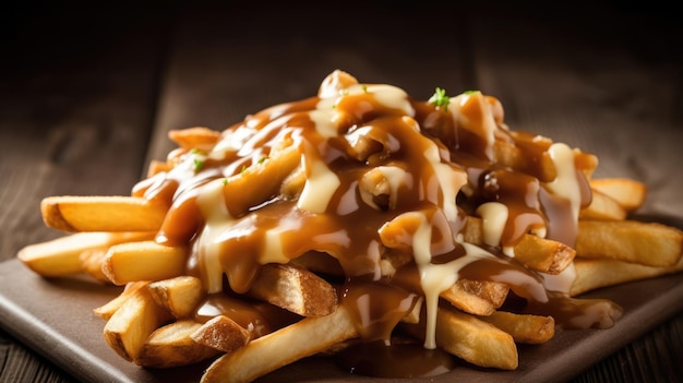 A plate of poutine with gravy and cheese on top