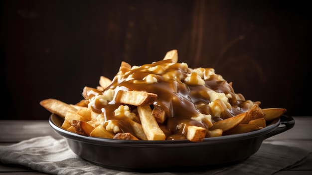 A plate of poutine with gravy and cheese