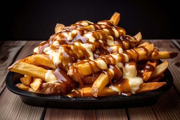 A plate of poutine with gravy and sauce