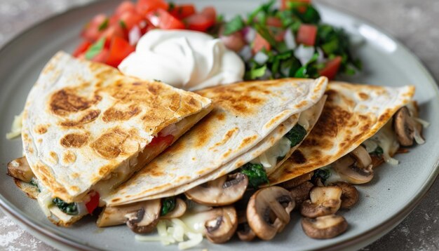 Photo a plate presents a quesadilla stuffed with mushrooms spinach cheese and sour cream