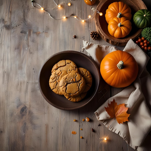 Photo a plate of pumpkin cookies surrounded by vibrant autumn leaves