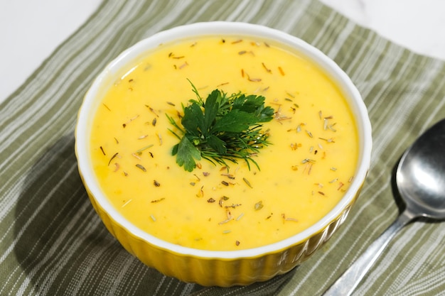 Plate of pumpkin pureed soup