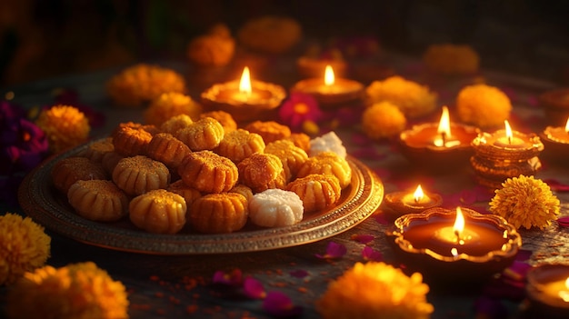 a plate of pumpkins with candles and flowers on a table