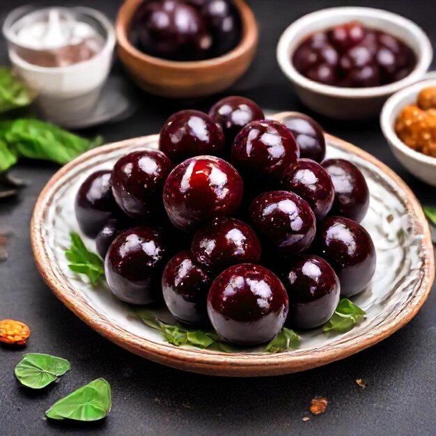 Photo a plate of purple plums with a bowl of food on it