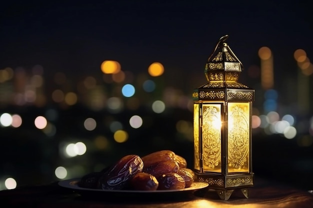 A plate of ramadan food with a lantern and a plate of ramadan food.