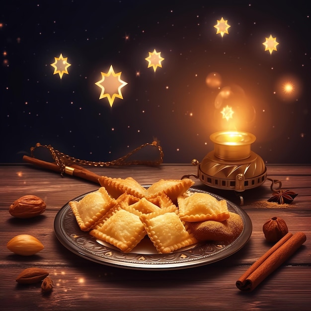 A plate of ravioli with a lantern and cinnamon sticks on the table.