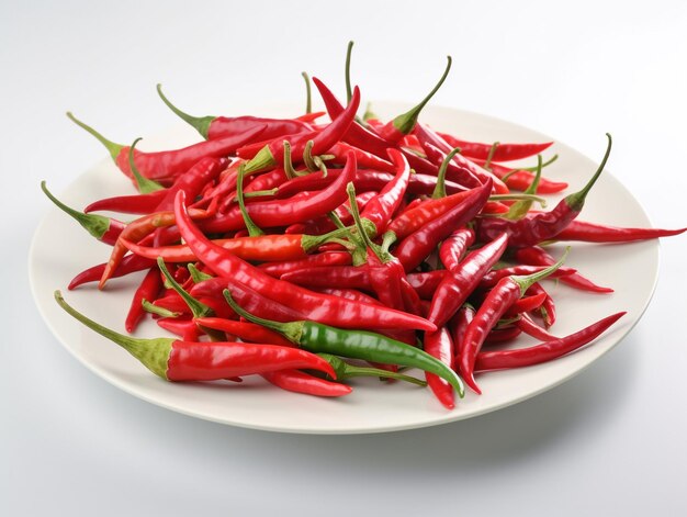 A plate of red chili peppers is on a white table.