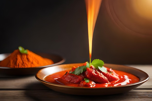 A plate of red curry with a smoke coming out of it.