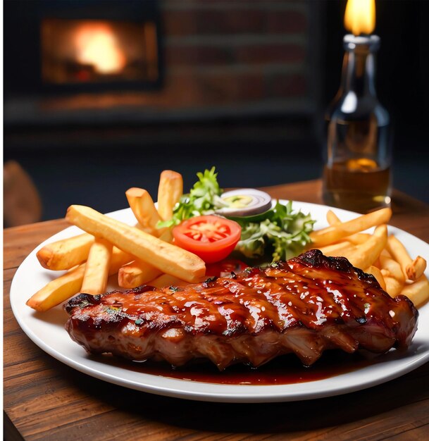 A PLATE OF RIBS PORK WITH FRECH FRIES POTATOES