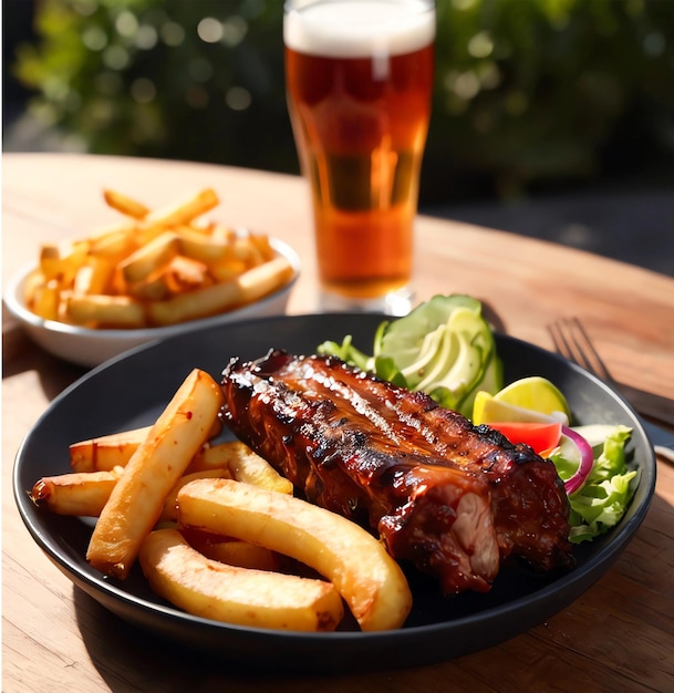 A PLATE OF RIBS PORK WITH FRECH FRIES POTATOES