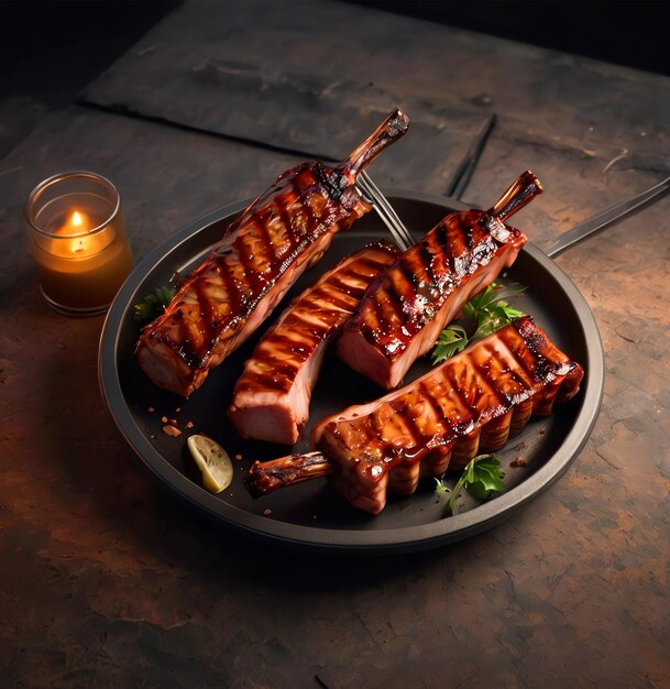 A PLATE OF RIBS PORK WITH SALAD