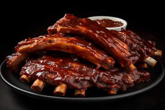 A plate of ribs with bbq sauce on it