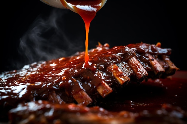 A plate of ribs with bbq sauce on it