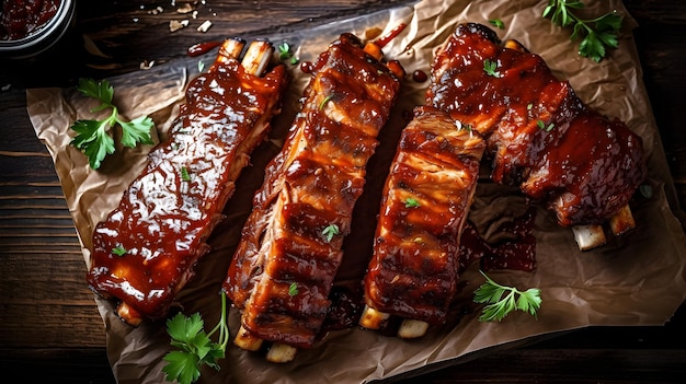 A plate of ribs with bbq sauce on it