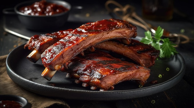 A plate of ribs with bbq sauce on it