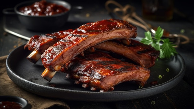 A plate of ribs with bbq sauce on it