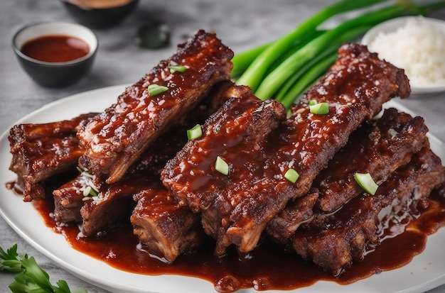 A plate of ribs with sauce and green onions