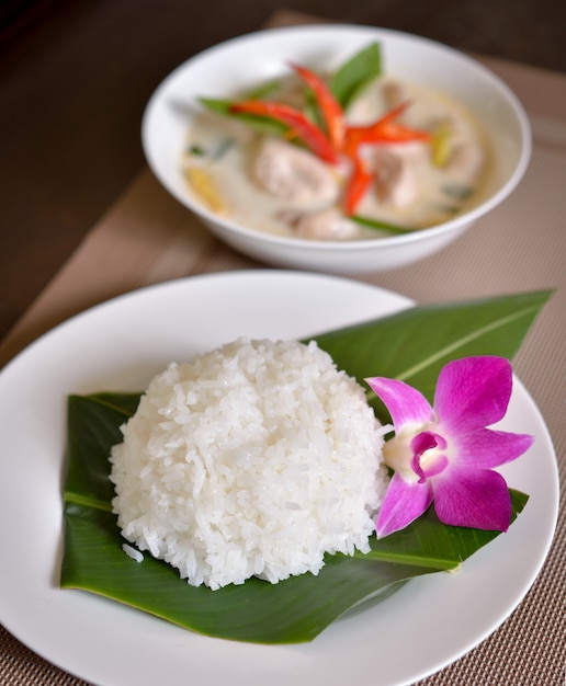 Plate of Rice and Chicken Coconut Soup