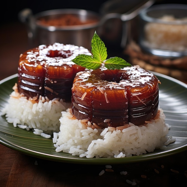 A plate of rice topped with meat and coconut flakes