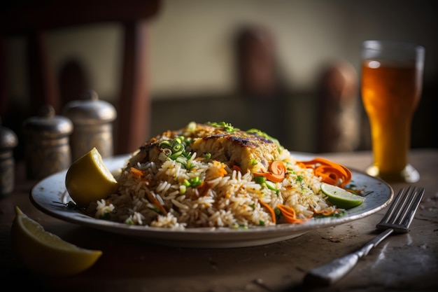 Plate of rice and vegetables with glass of beer Generative AI