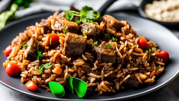 A plate of rice with beef and rice on it