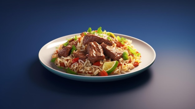 A plate of rice with beef and vegetables on it.