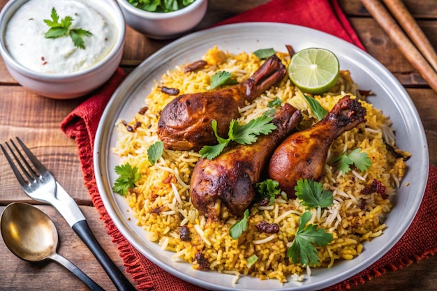 a plate of rice with chicken and rice and a lime wedge