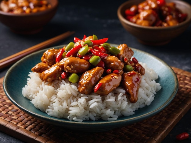 a plate of rice with chicken and vegetables on it