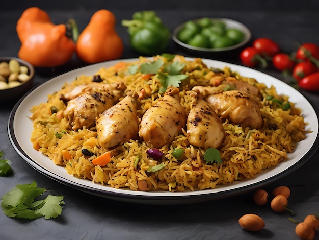 A plate of rice with chicken and vegetables