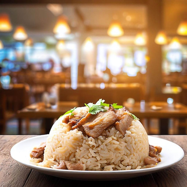 A plate of rice with meat and vegetables on it