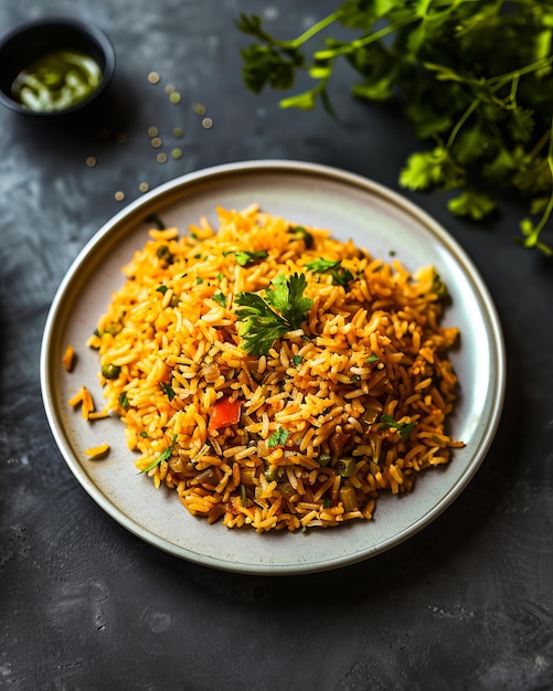 Photo a plate of rice with parsley and herbs