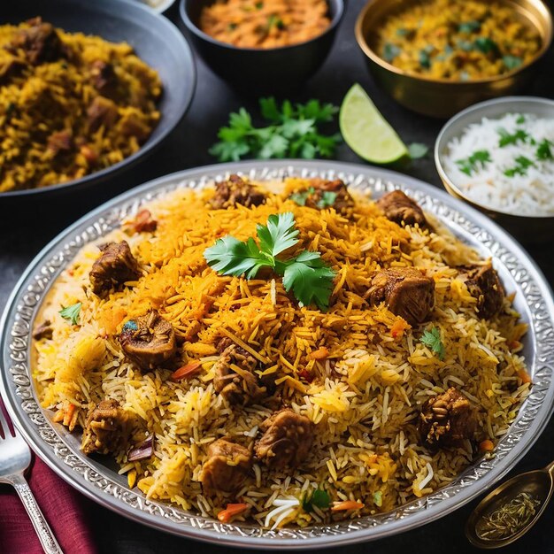 a plate of rice with a picture of a rice and meat