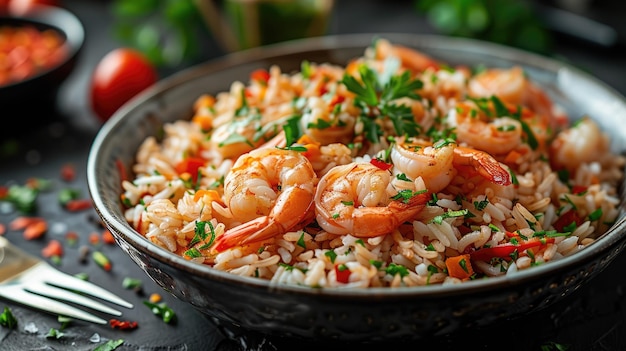 Plate of rice with shrimp on a black table with kitchen accessories ar 169 style raw stylize 750 Job