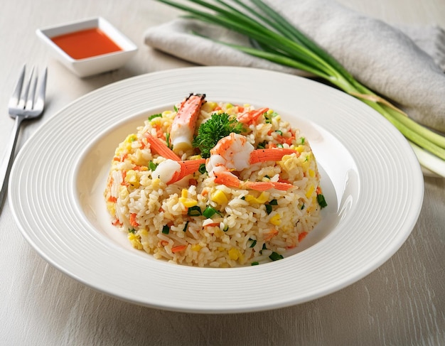 a plate of rice with shrimp rice and broccoli