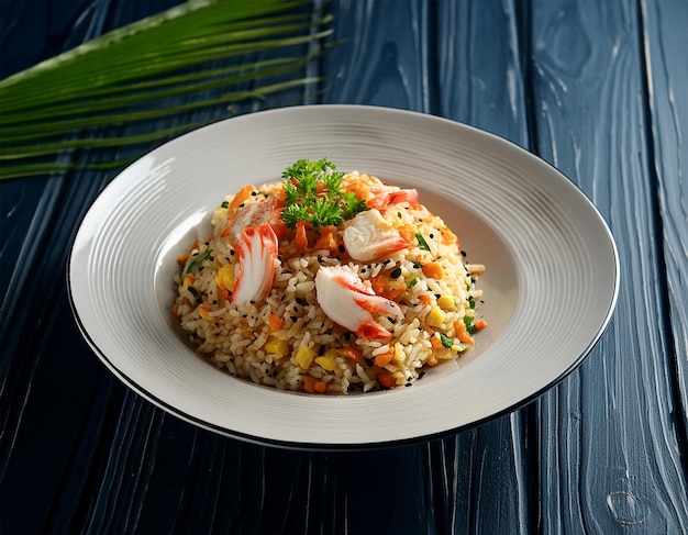 a plate of rice with shrimp and rice on a table