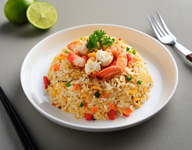 Photo a plate of rice with shrimp and rice with a fork