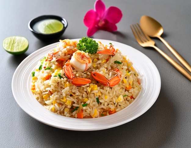 a plate of rice with shrimp and rice with a spoon and spoon