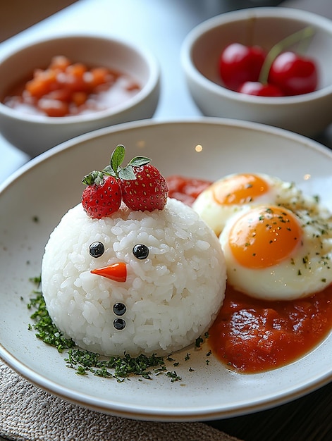 a plate of rice with a snowman on it