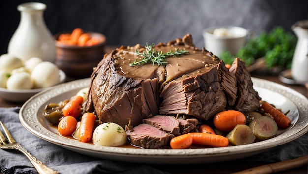 A plate of roast beef carrots and potatoes