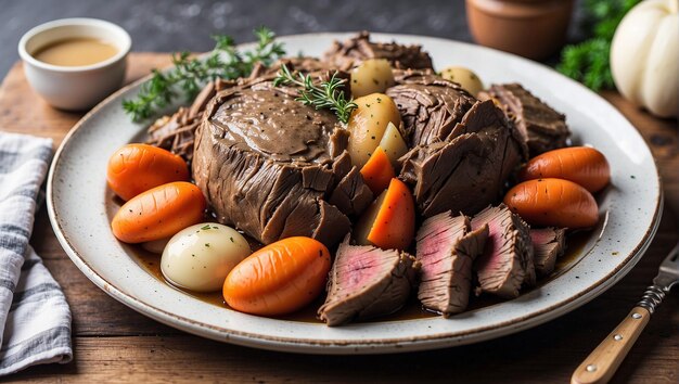 A plate of roast beef carrots and potatoes