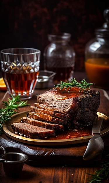 A plate of roast beef with a glass of whiskey on the side.