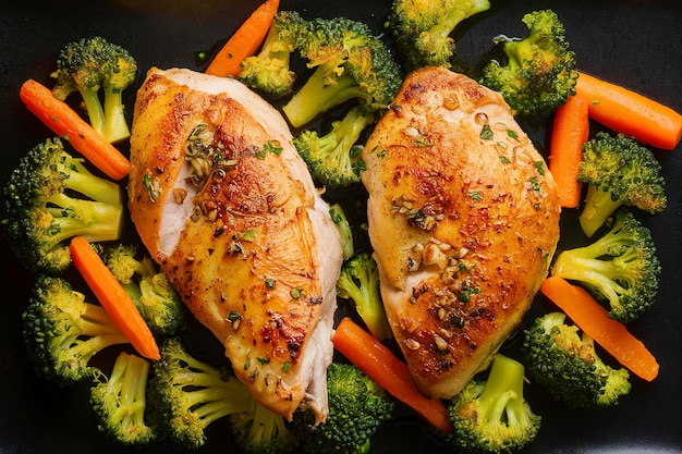 Photo plate of roasted chicken breast served with vibrant goldenbrown broccoli and carrots