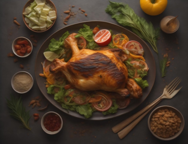 A plate of roasted chicken with a side of vegetables and a bowl of salad.