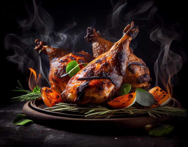 A plate of roasted chicken with a smokey background