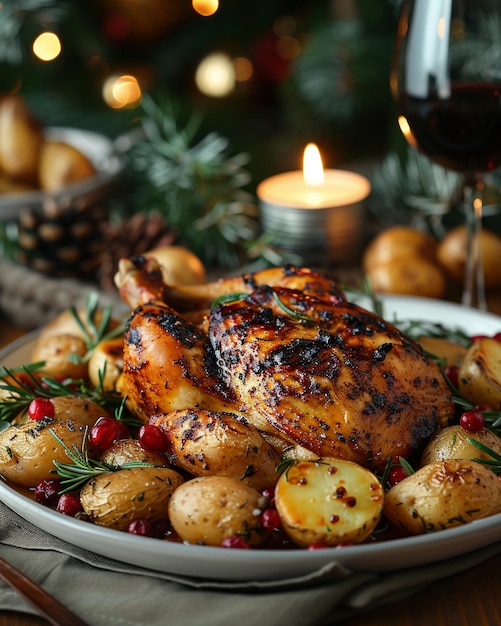 a plate of roasted potatoes with a glass of wine in the background