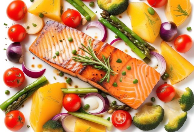 Photo a plate of roasted salmon steak with colorful vegetables on a white background