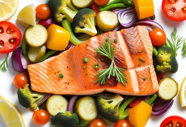 Photo a plate of roasted salmon steak with colorful vegetables on a white background