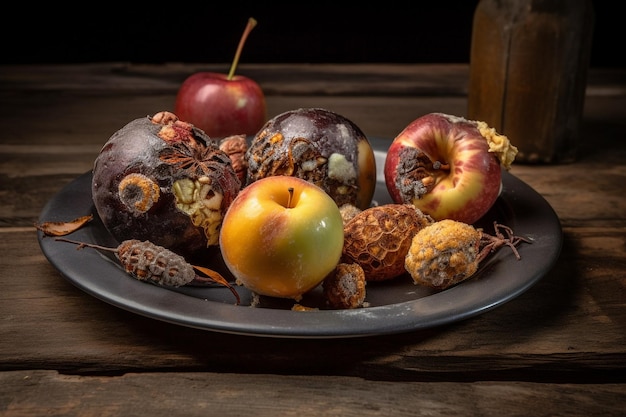 A plate of rotten apples