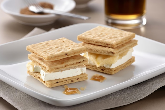 A plate of s'mores ice cream sandwiches with caramel on top.